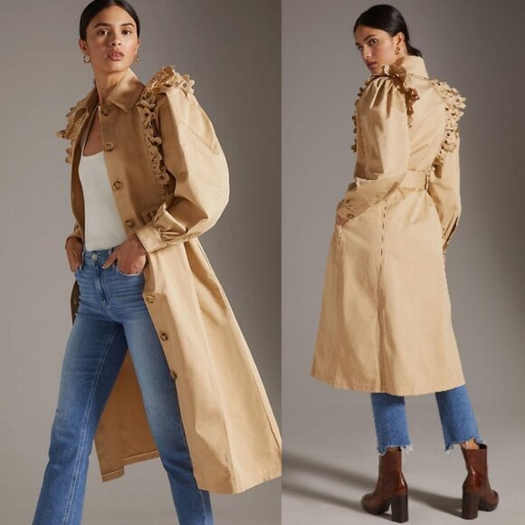Anthropologie Magali Pascal Tilia Ruffle Eyelet Trench Coat Small - Picture 2 of 10